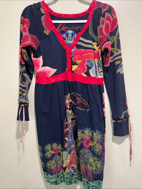 Desigual Dresses & Skirts - Desigual Navy Multicolor Floral V-Neck Knit Dress with Pink Trim
